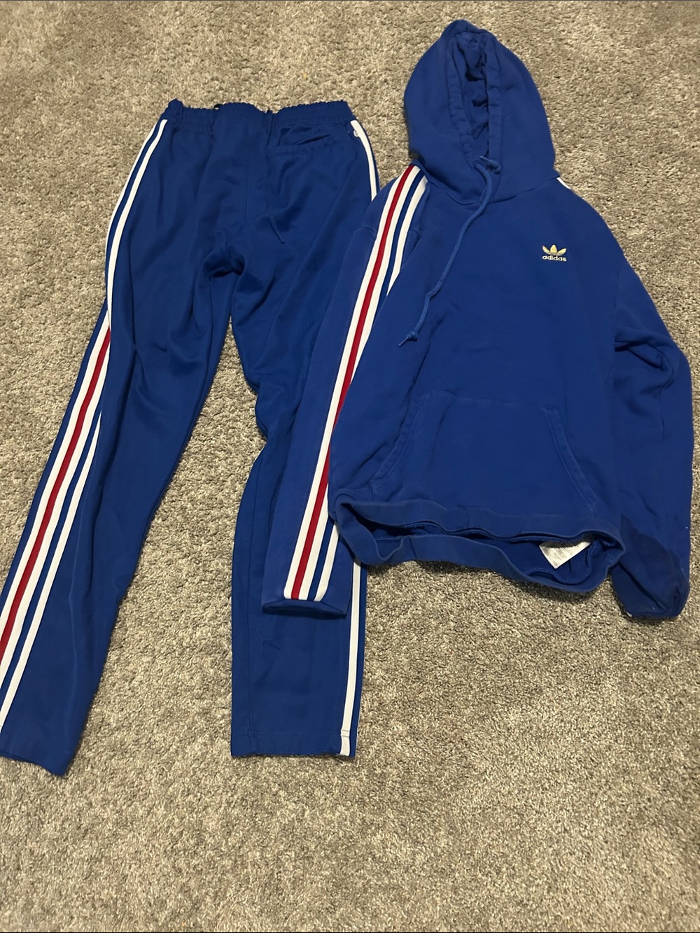 adidas Blue Crewneck Hoodie with Red & White Sleeve Stripes